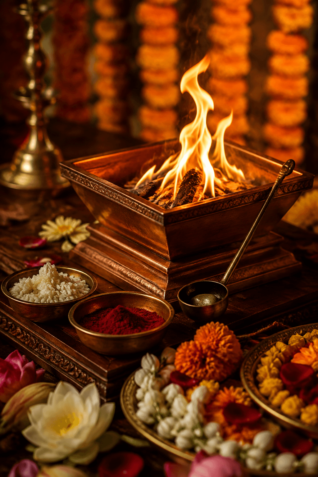 Sacred fire glowing in a copper havan kund among ritual offerings