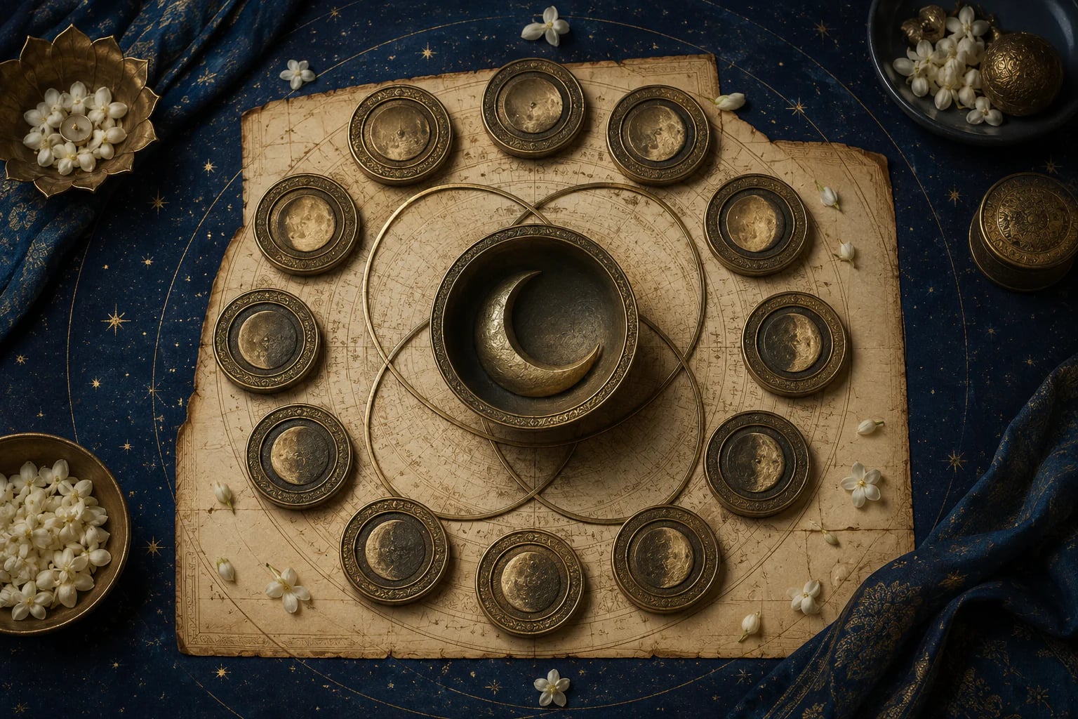 Twelve lunar medallions surrounding a crescent Moon bowl
