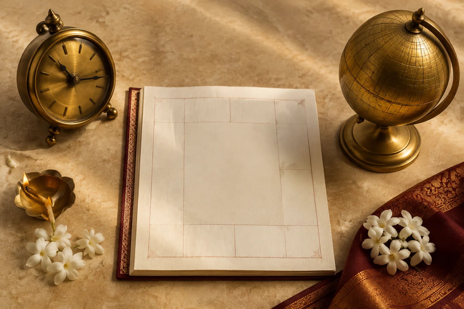 A blank birth chart manuscript between a brass clock and coordinate globe