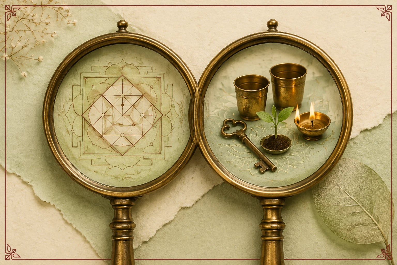 Two brass lenses revealing traditional chart geometry and practical household symbols