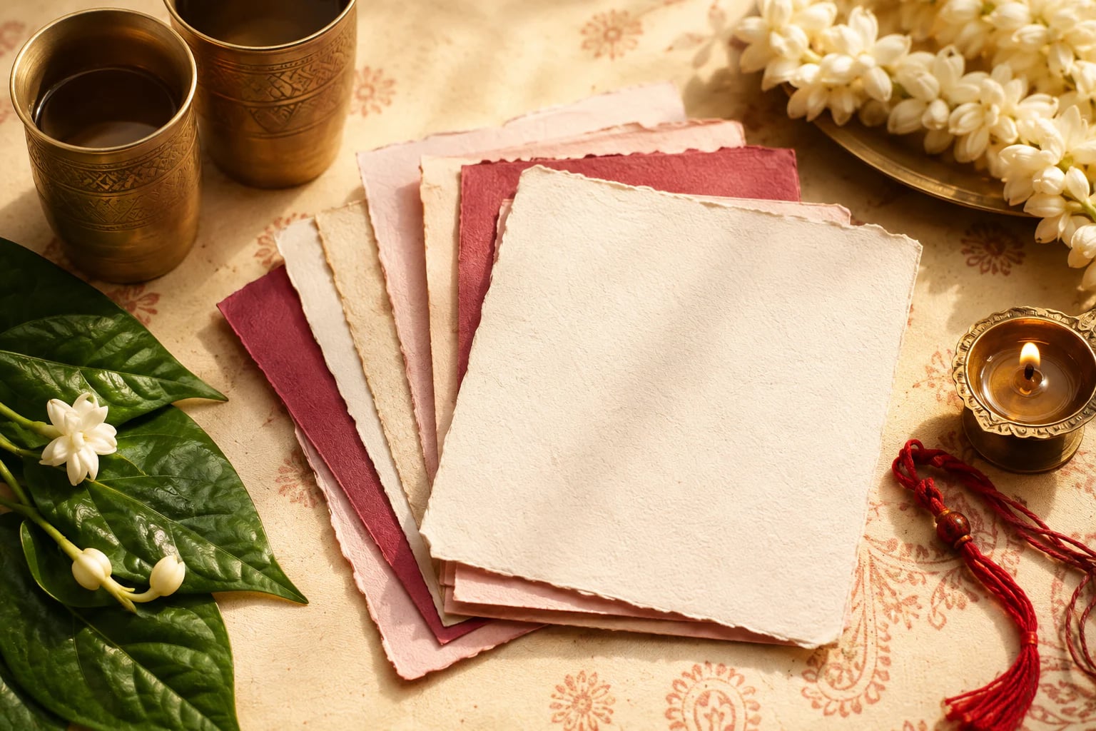 Blank handmade conversation cards with brass cups, jasmine, betel leaves and a diya