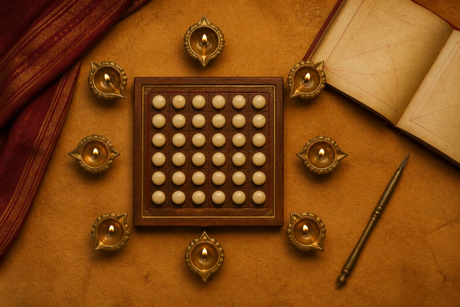 Thirty-six ivory counters surrounded by eight brass lamps and a kundli manuscript