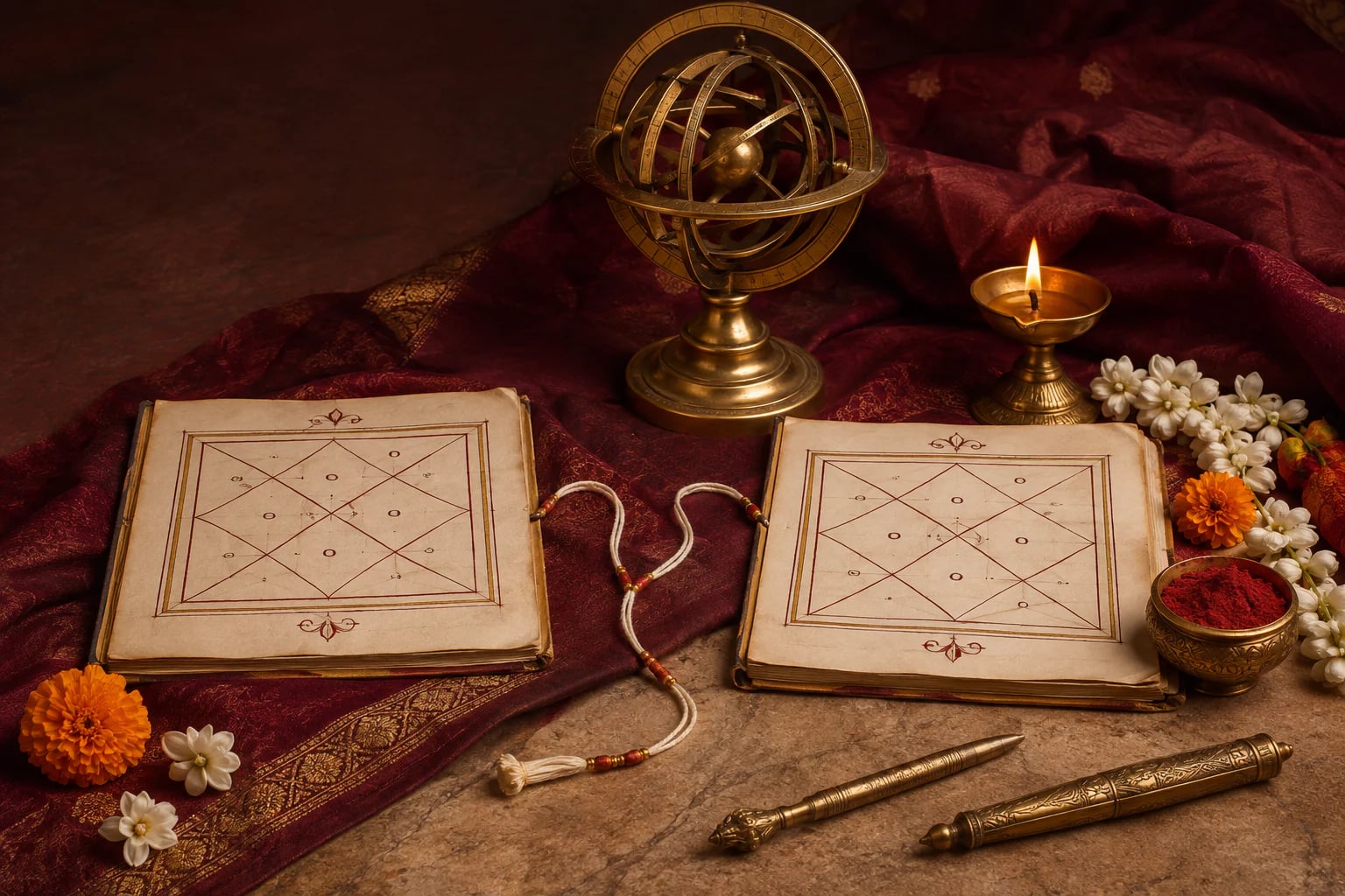 Two kundli manuscripts joined by sacred thread beside a brass astronomical instrument