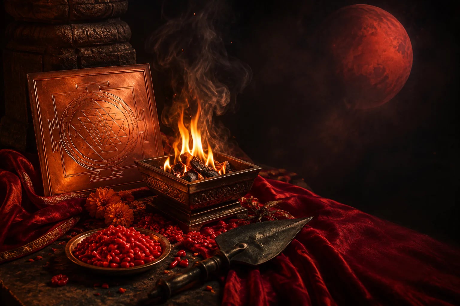 A copper yantra and sacred fire beneath a symbolic red Mars