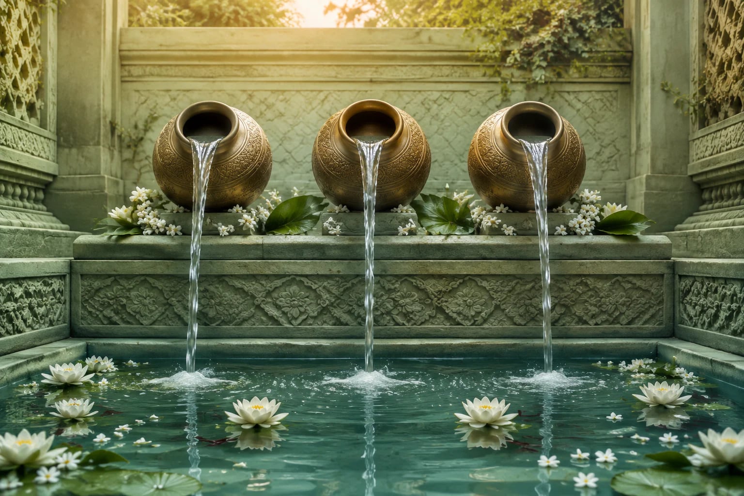 Three brass vessels pouring sacred streams into a lotus pool