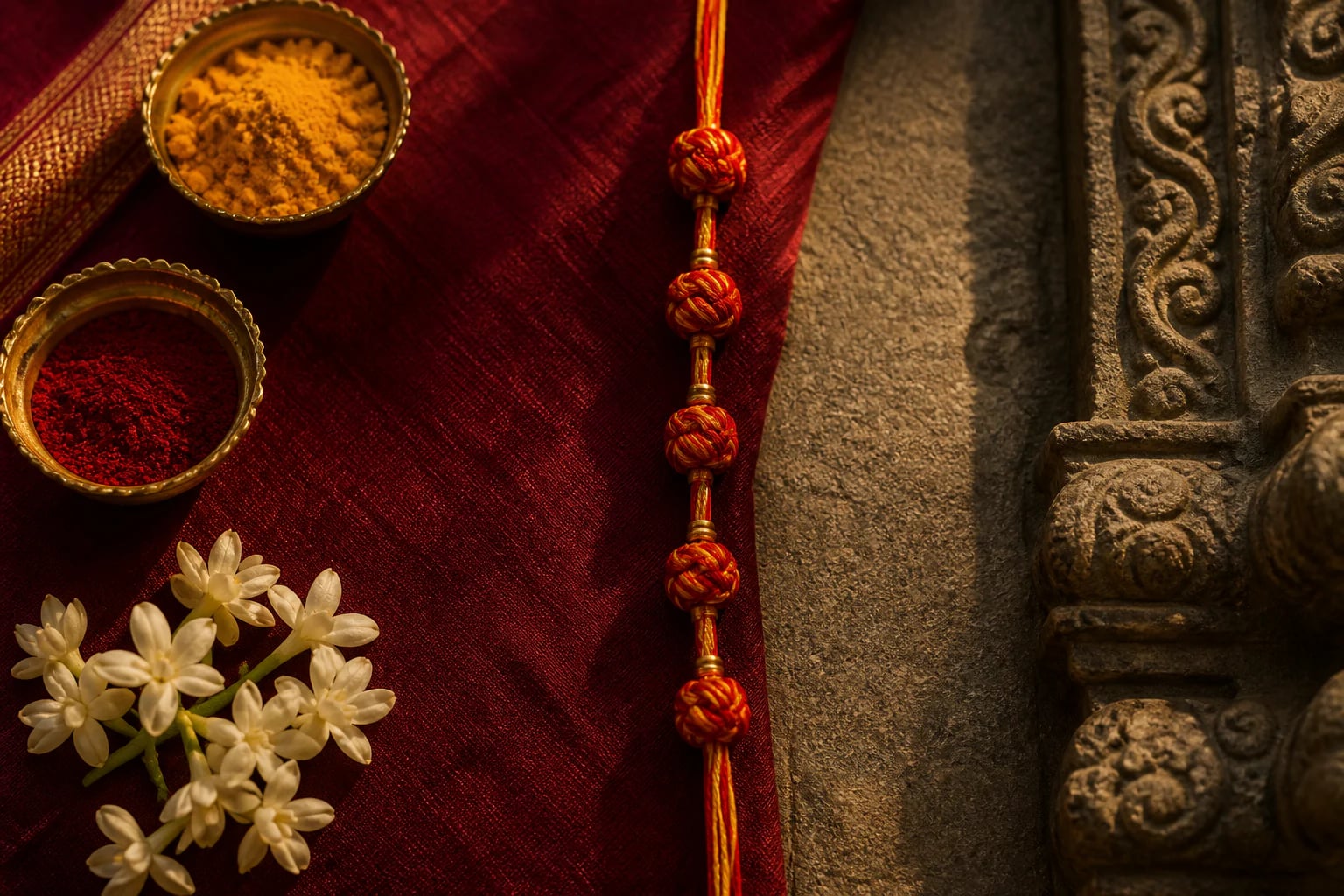 A red and gold sacred thread with five ceremonial knots beside temple stone