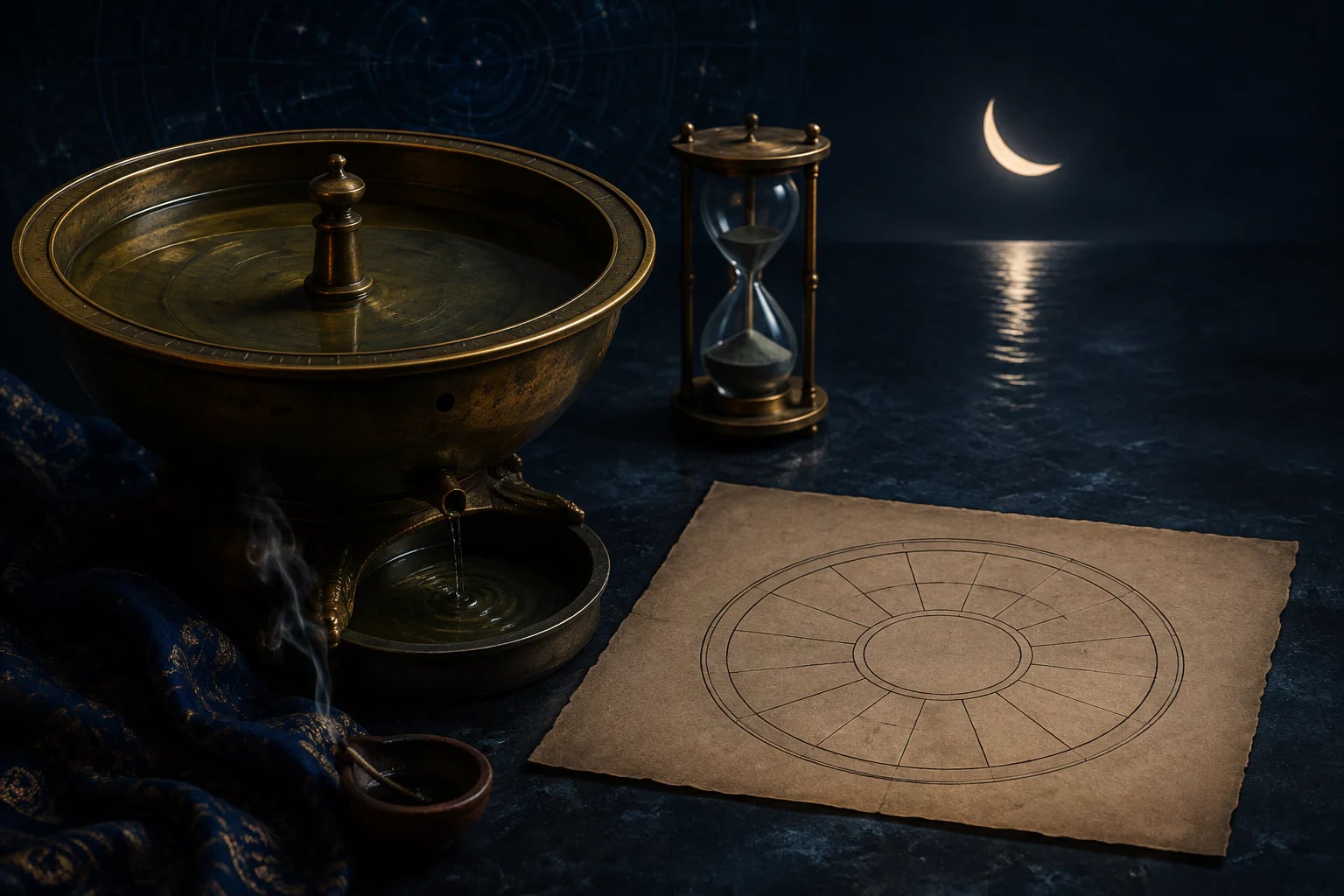 A traditional water clock, hourglass and unfinished chart beneath a crescent moon