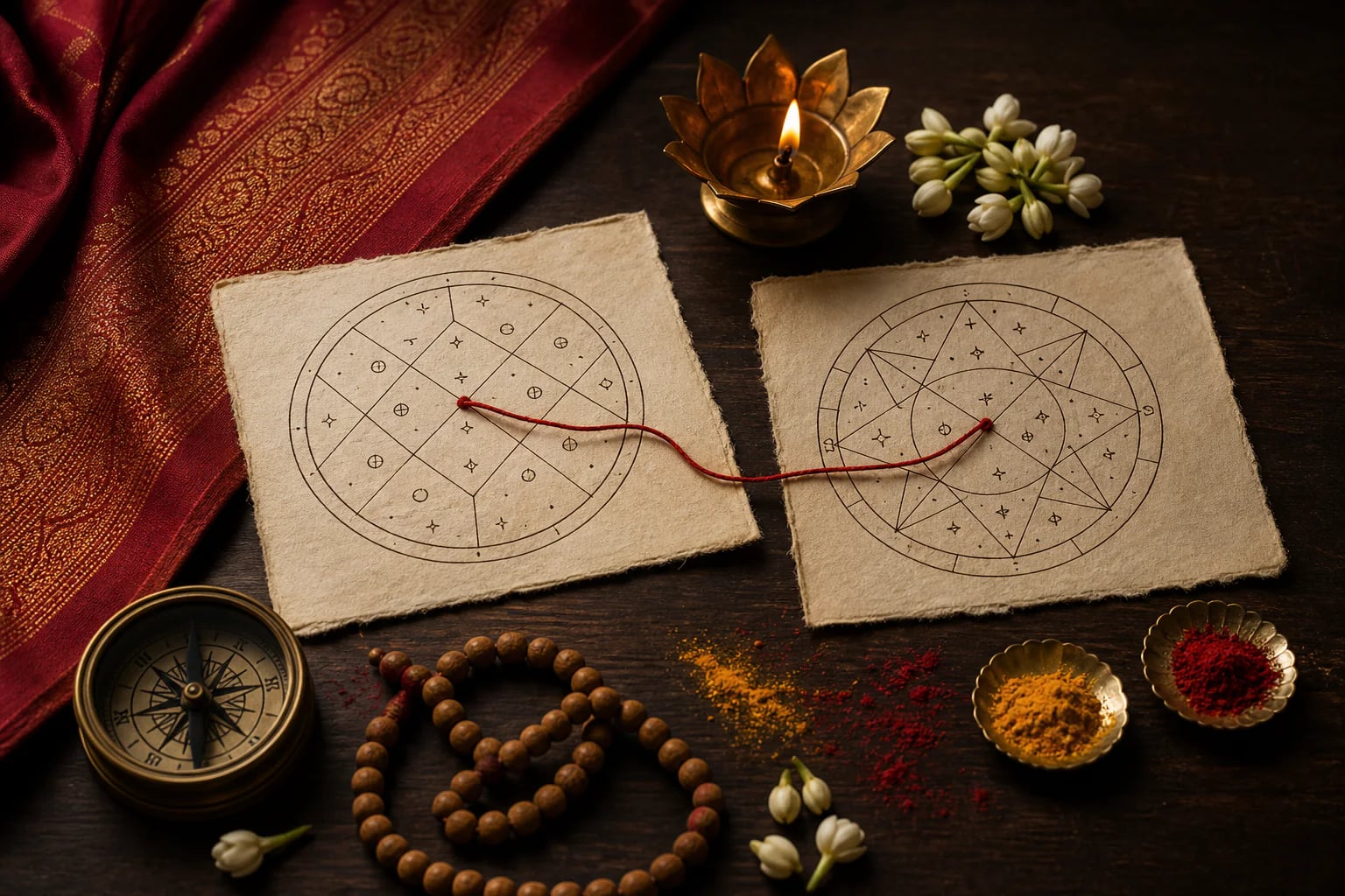 Two handmade kundli charts joined by a red sacred thread