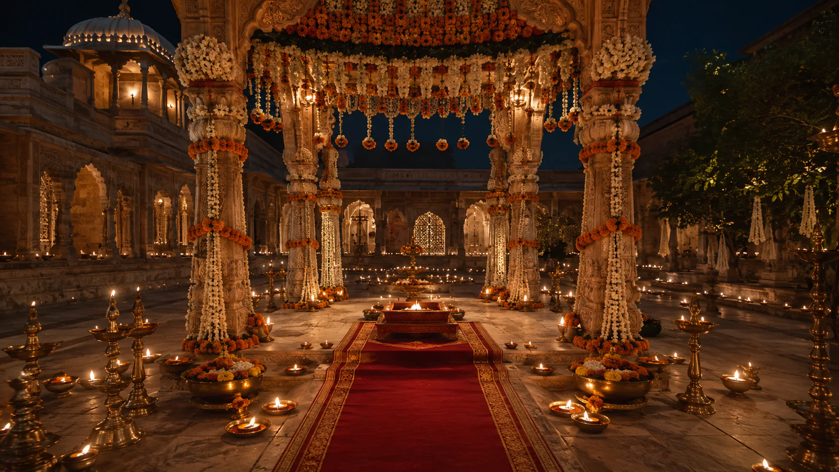 An empty Hindu wedding mandap glowing with brass diyas at night