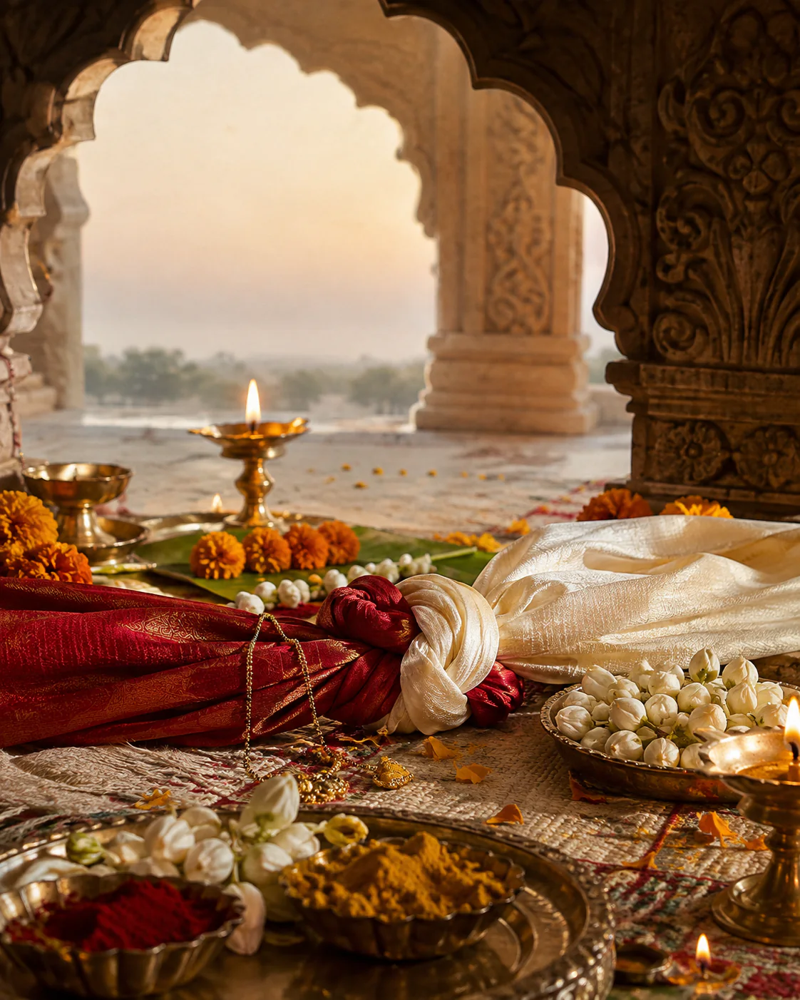Red and ivory ceremonial silks tied beneath a carved wedding arch