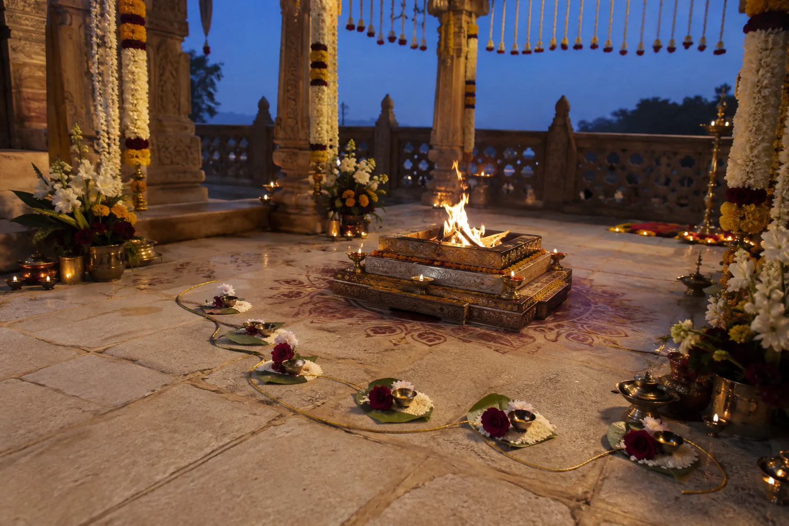 Seven ceremonial offerings arranged around a sacred wedding fire