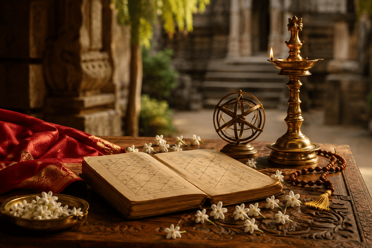A traditional horoscope manuscript beside a brass oil lamp, jasmine and sandalwood beads