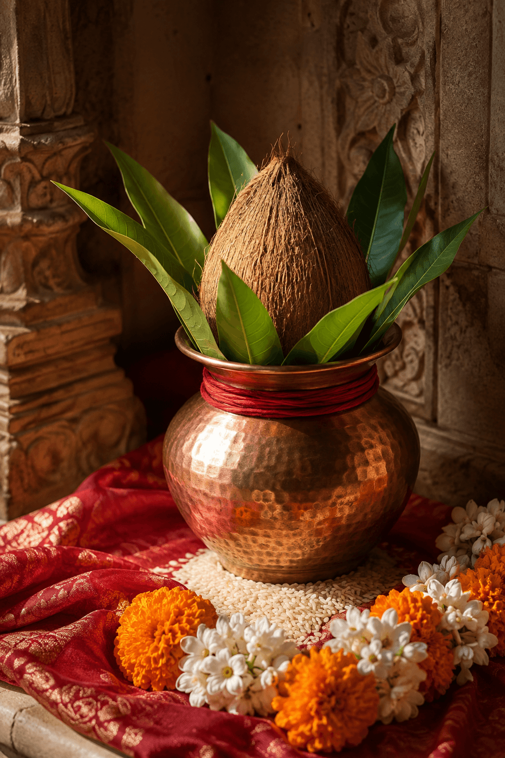 A copper kalash with coconut, mango leaves and sacred thread