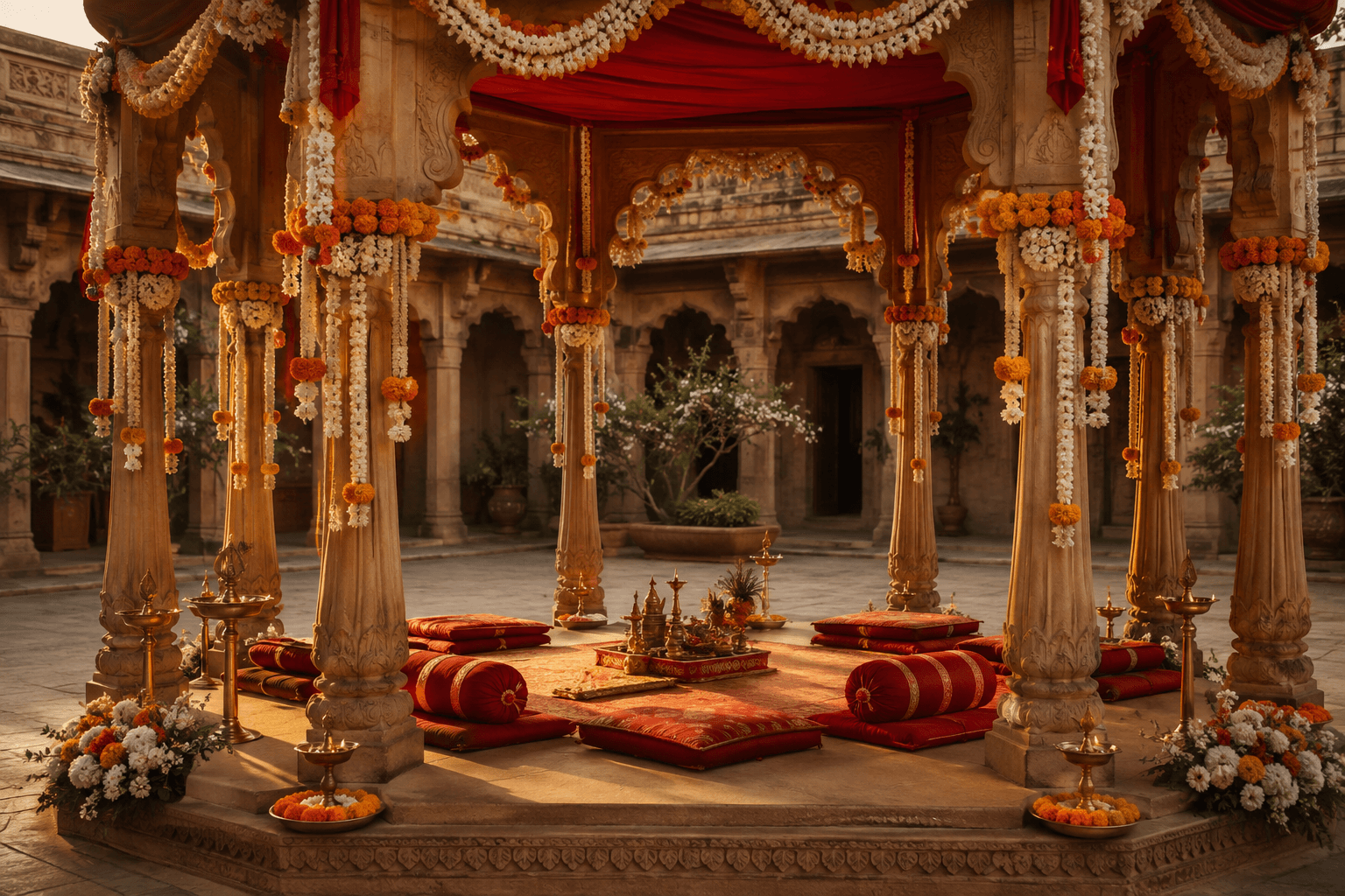 An empty marigold and jasmine mandap in an Indian sandstone courtyard