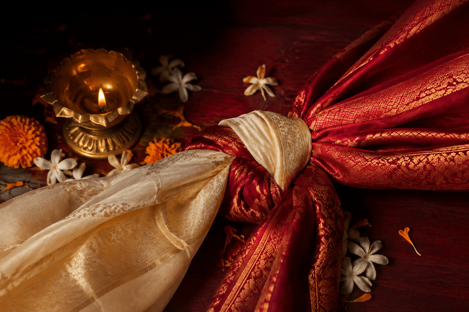 Red and ivory ceremonial silks tied in a sacred wedding knot