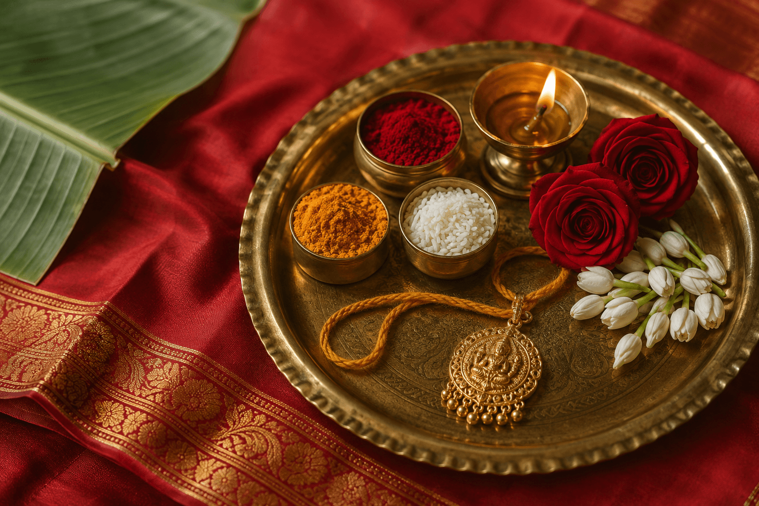 A gold wedding thali and yellow sacred thread on a brass plate with kumkum, turmeric and jasmine